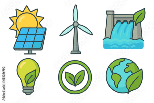 Set of renewable energy icons. Vector collection of green power symbols. Solar panel, wind turbine, hydroelectric dam, eco lightbulb and planet earth. Sustainability concept.
