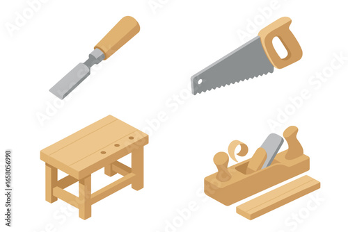 Isometric woodworking tool icons set. Carpentry craftsmanship chisel saw workbench plane wood plank. Vector flat icon illustration for workshop, joinery, hand tools, construction, building materials.