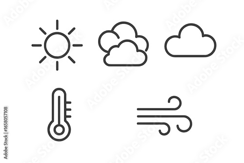 Outline Vector Set of Daytime Weather Icons with Sun Rays, Partly Cloudy Skies, Sun Behind Clouds, Temperature Gauge and Wind Elements for Meteorology and Forecast