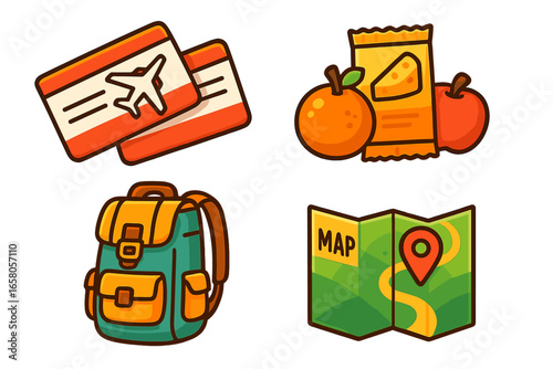 Travel essentials icon set for an adventure journey. Vector cartoon illustration of vacation items. Airline ticket, backpack, food snack, and a map with navigation pin. Tourism concept.