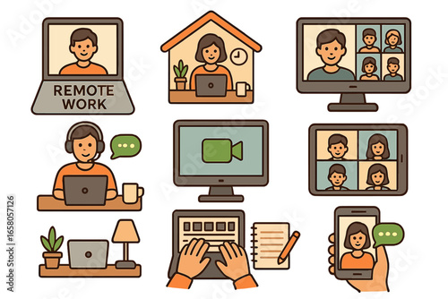 Remote work icon set. Home office, virtual meeting, video conference concept. People on laptop, computer. Online communication, webinar, freelance, telecommuting vector icons.