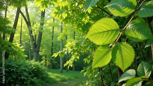 Serene natural landscape unfolds with vibrant authentic colors and delicate leaves rustling gently in a soft breeze, perfect for peaceful outdoor scenes.