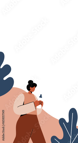 Modern illustration of a woman holding a dropper bottle, symbolizing wellness, beauty, or skincare. Ideal for health and lifestyle concepts.