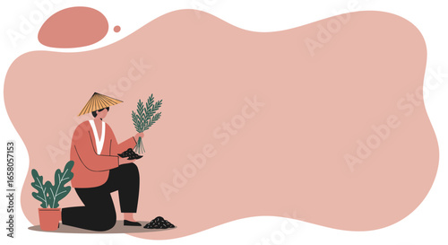 Illustration of a person in a conical hat planting seedlings, symbolizing traditional agriculture, gardening, and sustainable living. Ideal for eco-friendly concepts.