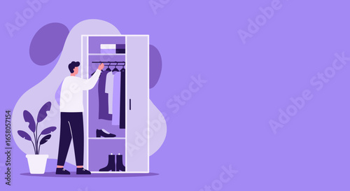Man choosing clothes from an organized wardrobe, illustrating daily routine, fashion decisions, and personal lifestyle choices. Ideal for concepts related to home, style, and everyday living.