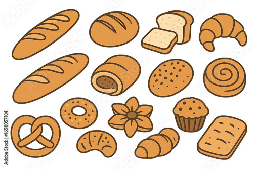 Hand Drawn Vector Bread and Pastries Set. Artisan Bakery Elements, Fresh Breads, Croissant, Pretzel, Muffin, Cookies, Rolls, Bagel. Cartoon Style Bakery Food Collection, Isolated Clipart