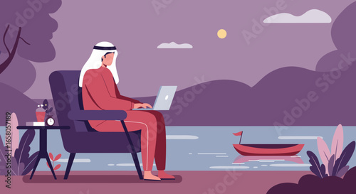 Arab man working remotely on laptop outdoors by tranquil lake, embodying modern business lifestyle and connectivity.