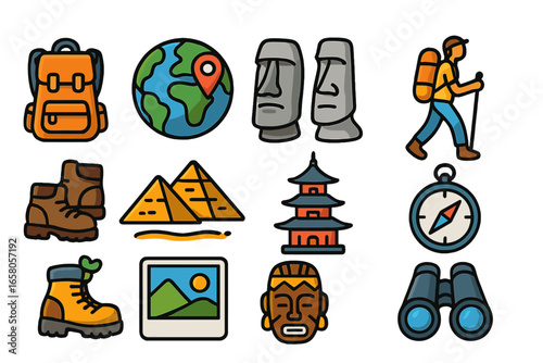 Colorful vector icons set for travel, adventure, hiking, world exploration, cultural landmarks, tourism, global destinations, ancient monuments, nature activities, heritage, and outdoor discovery