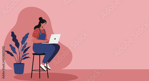 Modern woman working remotely on laptop at home. Illustrates digital lifestyle, online learning, or creative freelancing with ample copy space.