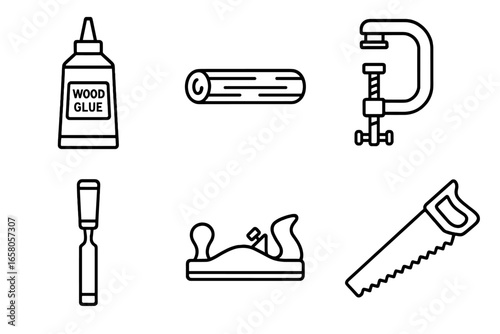 Woodworking joinery carpenter tool icons set. Outline vector illustration. Hand saw, chisel, glue bottle, wood dowel, clamp, wood plane. DIY woodworking craft equipment shop symbols.