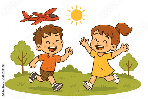 Happy children playing with toy airplane in summer park. Cute boy and girl friends running on grass under the sun. Childhood joy and outdoor activity. Vector cartoon illustration.