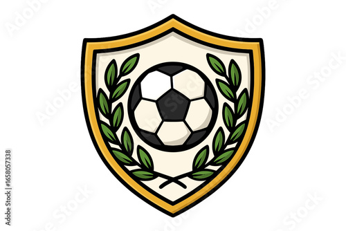 Soccer football shield emblem vector, laurel wreath competition winner badge, cartoon style illustration, sports team logo design, sportsmanship victory symbol, transparent background