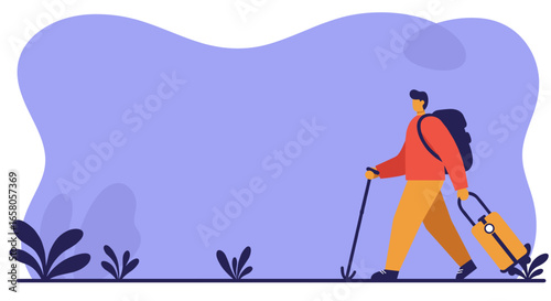 Person traveling with backpack, suitcase, and walking stick in a minimalist outdoor illustration. Represents journey, adventure, and global exploration. Ideal for travel and lifestyle concepts.