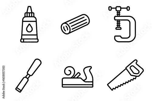 Woodworking Tools Outline Icon Set for Joinery and Carpentry. Vector Illustration of Wood Glue Tube, Wooden Dowel, C-Clamp, Chisel, Hand Plane, and Saw. DIY, Construction, Workshop Equipment.