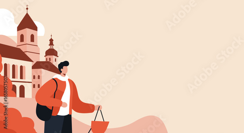 Man exploring a charming European town, ideal for travel, tourism, or lifestyle content. Copy space for text.