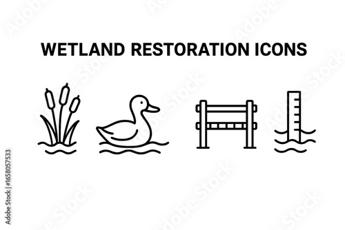 Wetland restoration vector icon set, outline style with marsh reeds, waterfowl silhouette, wooden boardwalk, water level gauge, ecological conservation symbols