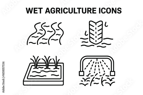 Wet Agriculture Icon Set, Outline Vector Illustration of Saturated Furrow Fields, Tractor Tire Tracks, Rice Paddies, and Irrigation System for Farming and Water Management Design