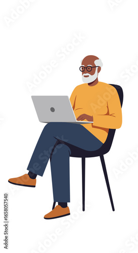 An elderly man sits comfortably, actively engaging with a laptop. Represents modern senior life, digital literacy, remote work, and online communication.