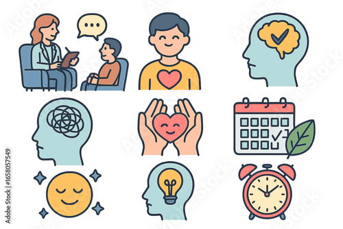 Mental health icon set. Psychology concepts, therapy session, self-care, time management for emotional well-being. Positive thinking, stress relief vector cartoon icons.