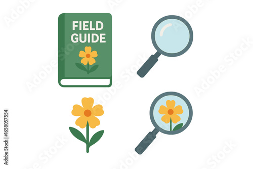 Isometric Wildflower Identification Tools Vector Set, Field Guide Book and Magnifying Glass for Botanical Study and Nature Exploration Illustration