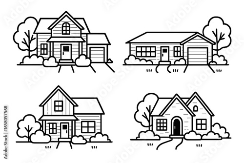 Black and white vector house illustration set showing diverse residential architectural styles, landscaping elements, modern suburban home exteriors, cartoon building designs, real estate concept art
