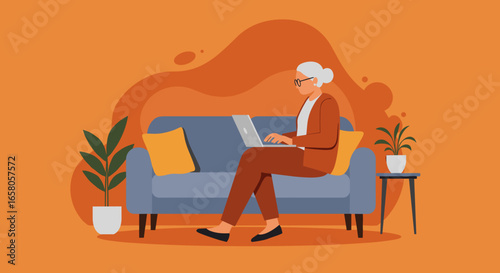 Mature woman working remotely on laptop from a comfortable home sofa, blending productivity with relaxed living. Ideal for concepts of senior tech use, work-life balance, and modern business.