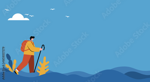 Adventurous hiker with backpack and walking stick exploring a serene natural landscape under a blue sky. Ideal for travel, lifestyle, and outdoor concepts.