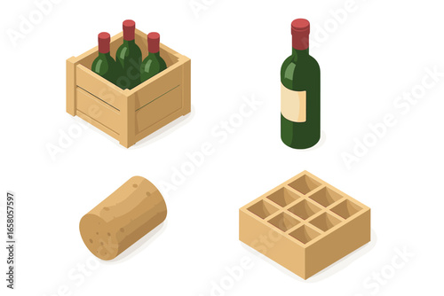 Isometric Wine Packaging Icons Set with Wooden Crate, Green Wine Bottles, Cork Stopper, and Bottle Divider, Vector Illustration on Transparent Background