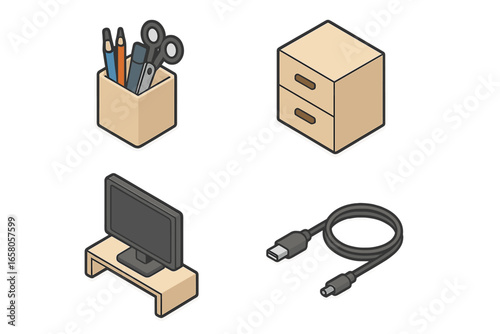 Isometric workspace organization icon set, desk organizer supplies, file cabinet drawers, computer monitor stand, USB cable, office supplies vector illustration, transparent background concept