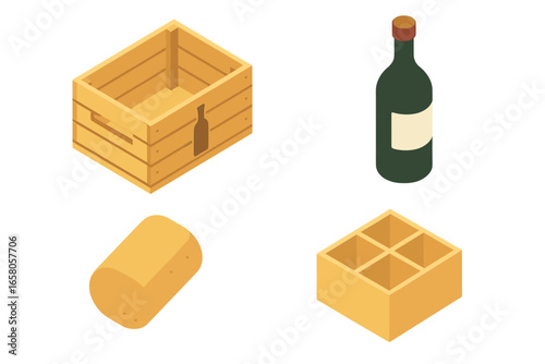 Isometric Wine Packaging Icons Set with Wooden Crate, Wine Bottle, Cork, and Bottle Divider - Flat Vector Illustration for Beverage and Packaging Design