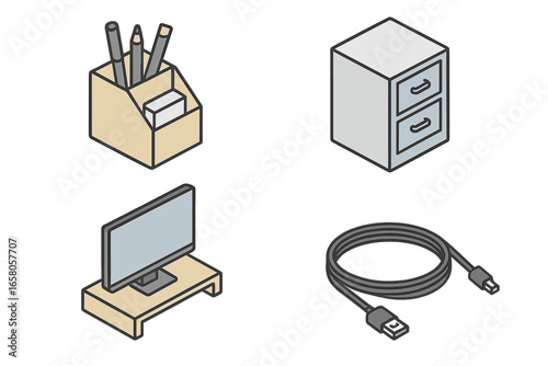Isometric workspace icon set for office organization. Desk organizer, file cabinet, monitor stand, USB cable. Modern business desktop essentials. Flat vector illustration on transparent background.