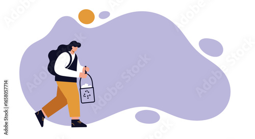Person walks, responsibly carrying a bag of recyclables, symbolizing eco-friendly living and waste management. Concepts of sustainability and environment.
