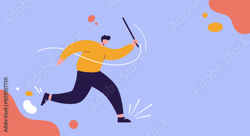Dynamic man running with a stick, embodying leadership, strategic thinking, and drive for success. Perfect for business and conceptual themes.