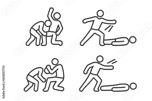 Wrestling Finisher Icons Outline Set. Pro Wrestler Signature Move Poses. Stone Cold Stunner Action. People’s Elbow Motion Sequence. Combat Sports Vector Illustration. Transparent Background