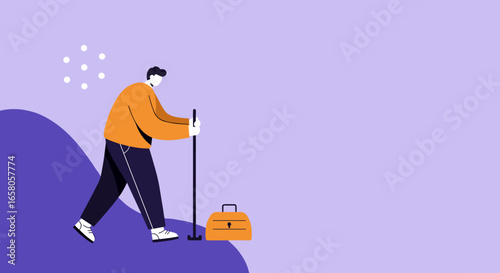 Modern illustration of a person actively searching or exploring with a stick, alongside a briefcase, representing new discoveries and unlocking solutions.