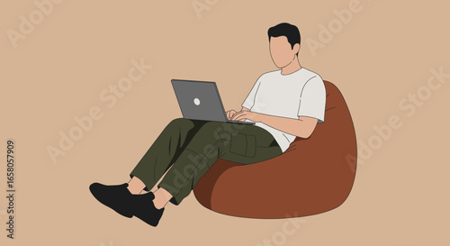 A man comfortably works on a laptop while relaxing on a beanbag chair. Ideal for remote work, leisure, or online education concepts.