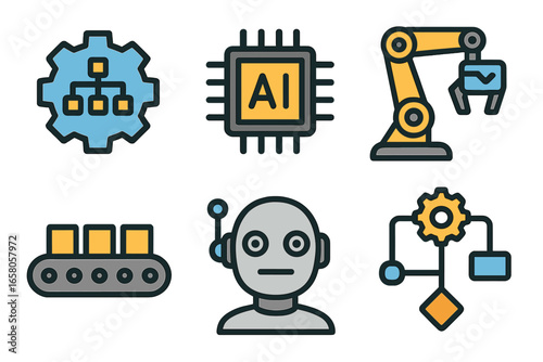 Technology icons representing automation, artificial intelligence, robotics, and smart industry machinery, modern vector cartoon illustration set on transparent background, industry 4.0 concept