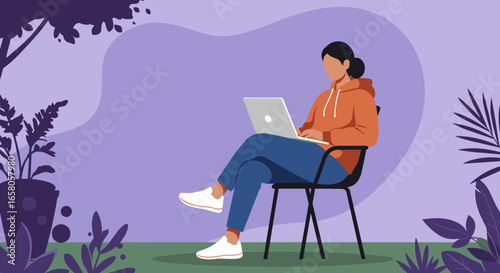 Person working on a laptop outdoors in a serene, natural setting. Ideal for remote work, digital nomad, and flexible lifestyle concepts.