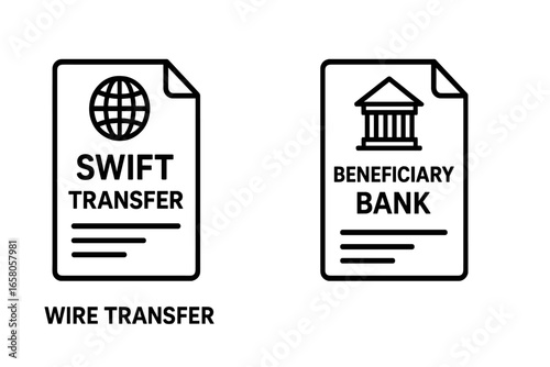 Wire Transfer Icon Set, Outline Vector Graphics of SWIFT Transfer Form and Beneficiary Bank Document, Financial Transaction Symbols, Banking and Payment Illustration