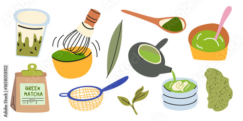 Matcha green tea sticker set in cartoon groovy style. Trendy organic delicious beverage. Matcha latte, whisk, kettle, powder, leaves. Bright matcha lovers retro icons collection