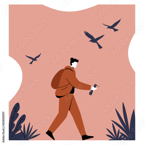 Illustration of a person walking, holding a bird, with birds flying above. Represents nature interaction, wildlife conservation, travel, and peace.