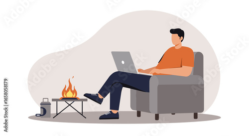 A man works on a laptop by a cozy fire, combining remote work or digital nomad lifestyle with relaxation and comfort. Ideal for modern work-life balance concepts.