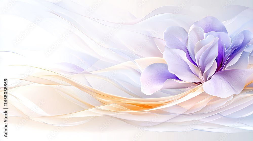 Fototapeta premium White flower on blue-white background with orange swirl