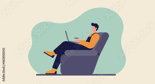 A person works comfortably from home, using a laptop in a cozy armchair with a hot drink. Ideal for concepts of remote work, online learning, or digital lifestyle.