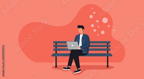 Young man using a laptop on a park bench, symbolizing remote work, digital lifestyle, and outdoor productivity.