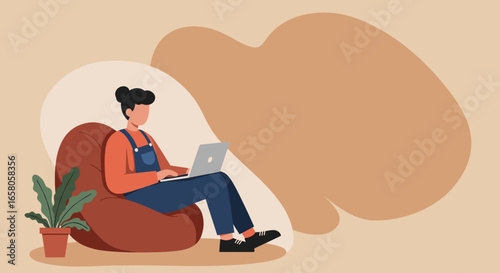 Comfortable person working or studying from home on a laptop in a cozy bean bag chair, illustrating remote work, online education, or leisure.