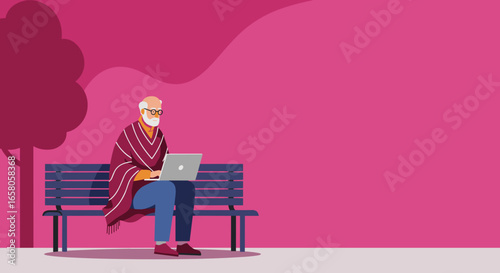An elderly man comfortably uses his laptop on a park bench, embracing technology and modern connectivity in a peaceful outdoor setting. Represents active senior lifestyle.