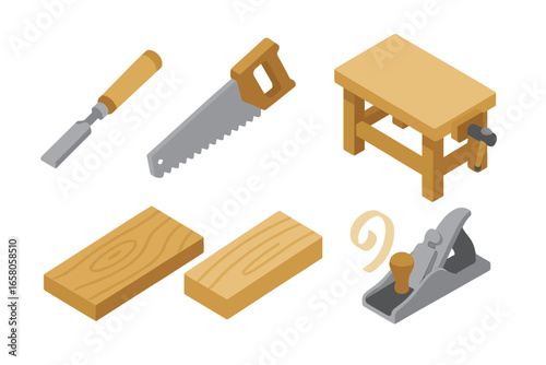 Isometric Woodworking Tools Icons Vector Set - Flat Design Chisel, Saw, Workbench, Wooden Planks, Hand Plane Craftsmanship Workshop Illustration