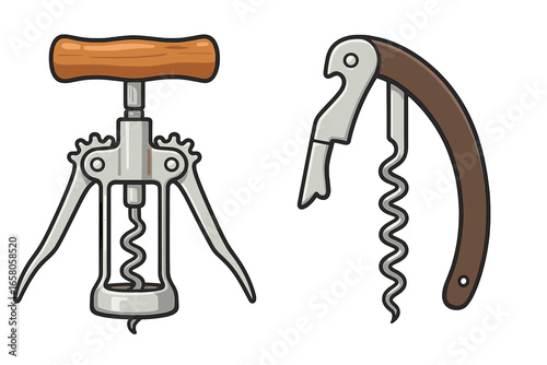 Wine corkscrew collection. Wing corkscrew and waiter’s corkscrew. Tool for opening wine bottles. Bottle opener. Vector illustration cartoon. Separate designs. Transparent background.