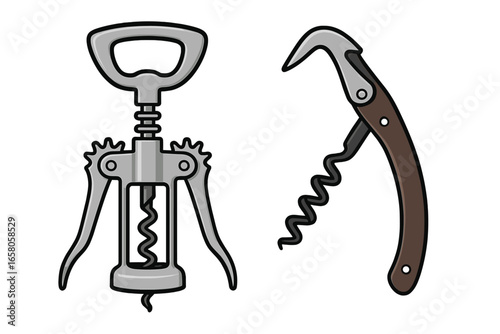 Corkscrew types collection. Wing corkscrew and waiter's corkscrew. Vector cartoon illustration. Distinct bottle opener designs for wine. Metal and wooden tool for opening bottles easily.
